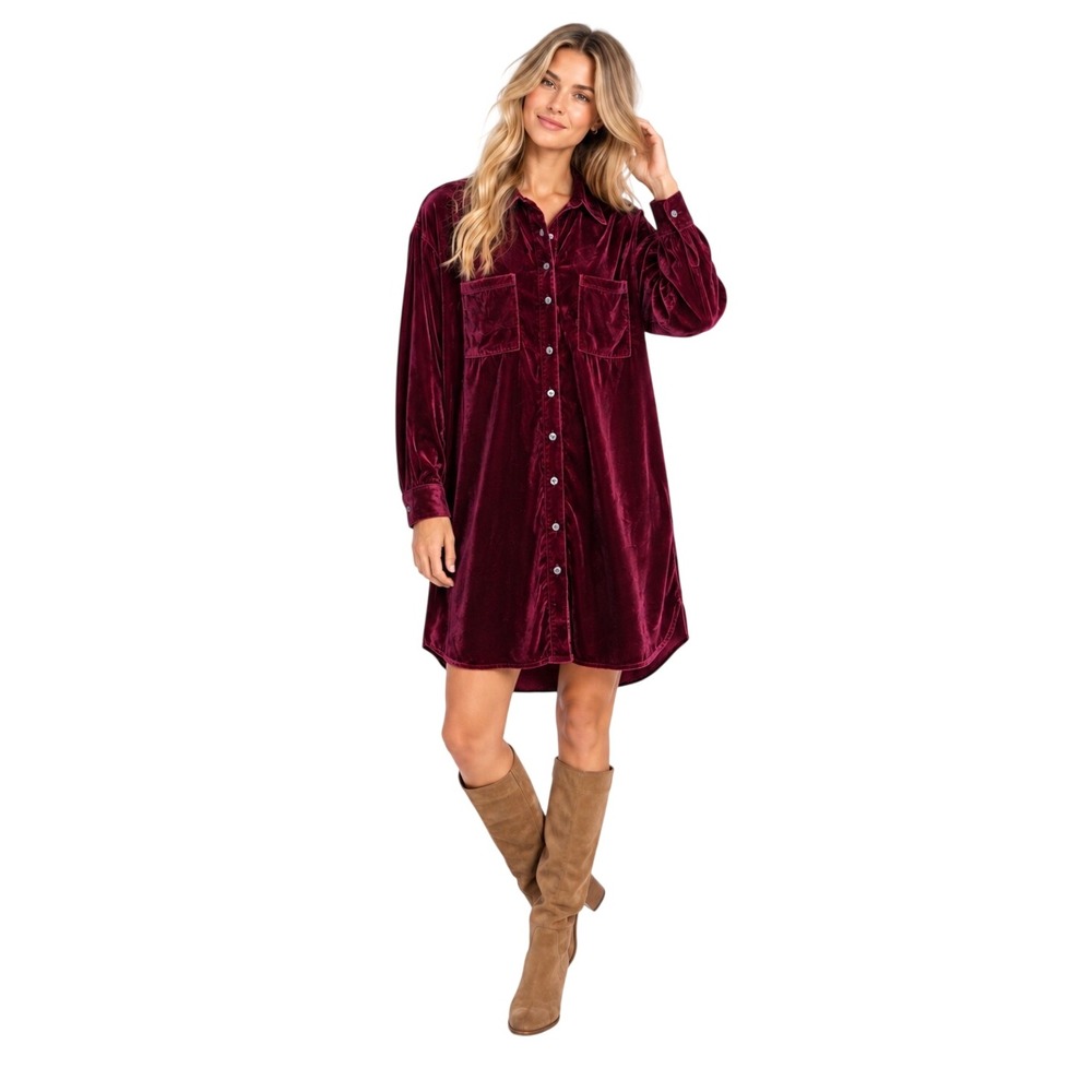 Natural Life Velvet Button Down Shirt Dress Burgundy Red XL Long Sleeve Mini